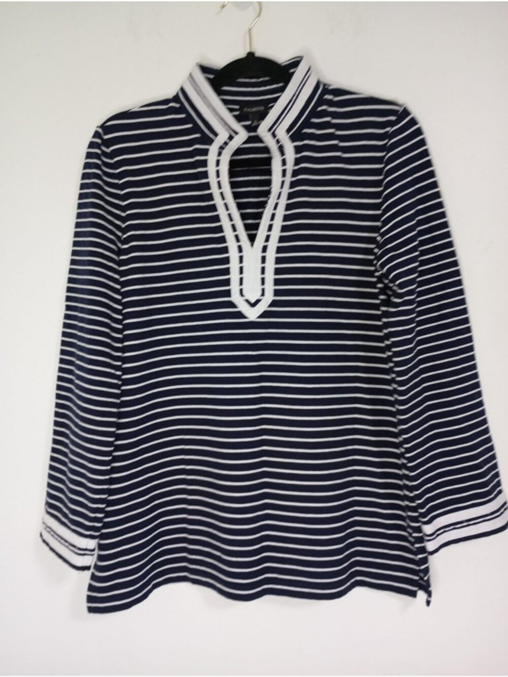 Talbots Womens Navy & White Striped Keyhole Neck Cotton Blend Top Size S